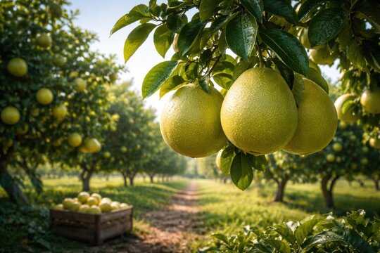 Fresh pomelo fruit maturing on tree at sustainable organic farm under clear sky