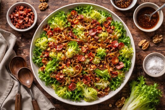 Flat lay of escarole salad with golden crispy bacon caramelized onion and crunchy walnuts