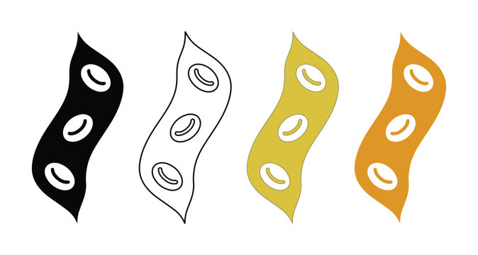 Soybean pods vector icon set, black and white outline, golden yellow and orange filled soy bean illustrations, healthy plant-based food graphics for agriculture and nutrition designs.