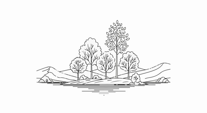 Stylized line art depicts a serene landscape with rolling hills and a cluster of trees