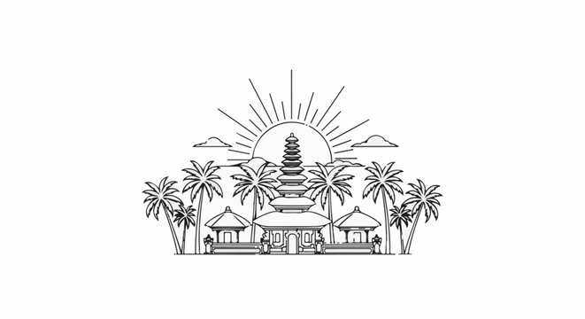 Tropical paradise with tiered temple structure and radiating sun