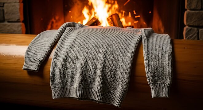 A plain sweater resting on a polished log next to a crackling fireplace. The scene is warm and inviting, with flickering firelight