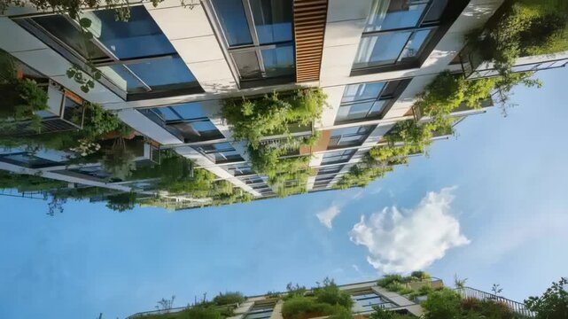 Tilting camera revealing midrise facades with planters in courtyard, exposing sky gap and cloud