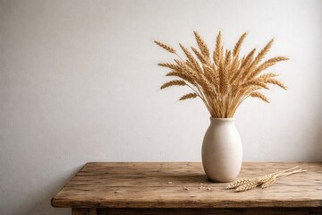 Fototapeta premium Artful display of dried wheat stalks in white ceramic vase on aged wooden table beneath minimalist white wall