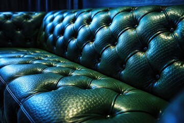 Obraz premium Closeup image of a green tufted leather couch decorated with chainlink texture and vibrant blue illumination