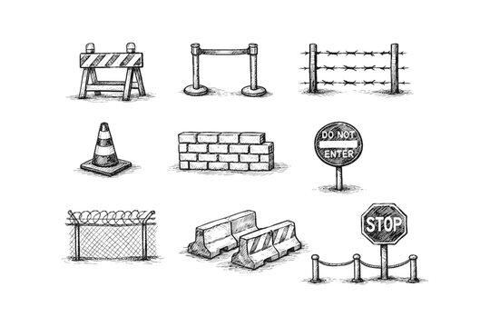Collection of hand-drawn security and traffic control elements for design