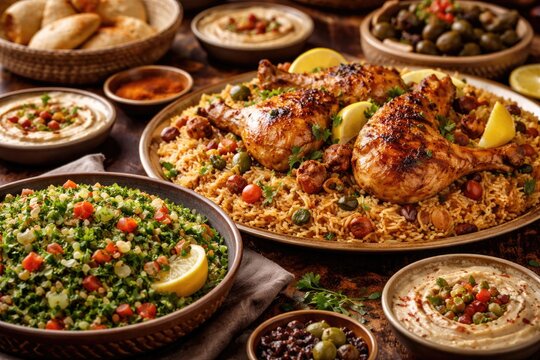 Arabian cuisine featuring flavorful Kabsa and fresh tabbouleh on dining table