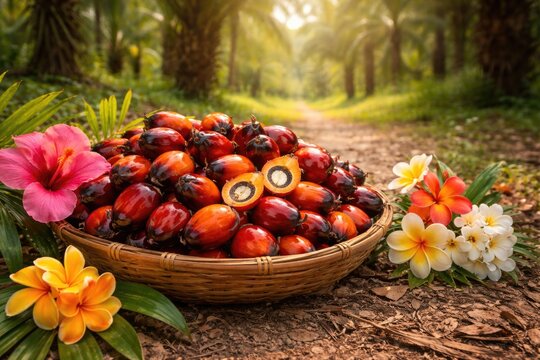 Freshly harvested castrated oil palm fruits paired with tropical flowers and copy space