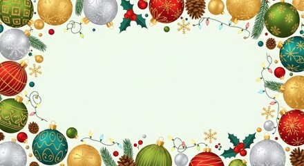 Fototapeta premium Festive Christmas Ornament Border with Twinkling Lights and Pinecones on a Light Background