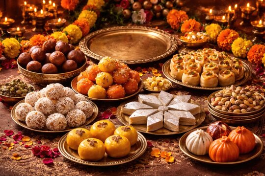 Indian festive desserts assortment for Dussehra and wedding events including copyspace
