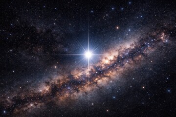 Fototapeta premium Intense bright star nestled in a starry night with scattered space dust in detailed Milky Way shot