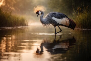 Obraz premium Graceful Crowned Crane wading through shallow water with reflections