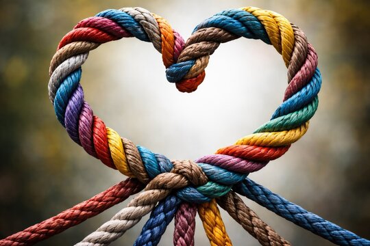 Diverse ropes twisted into a heart shape expressing teamwork and mutual support