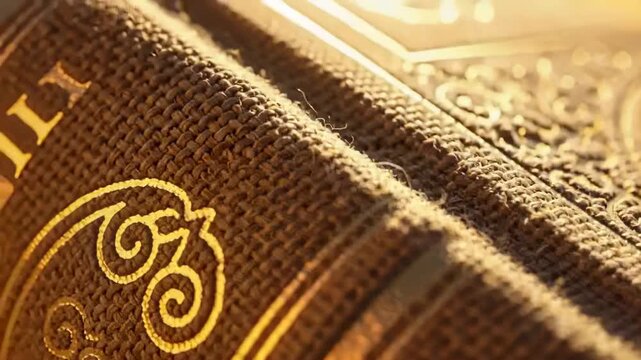 Sliding camera revealing cloth hardcover book spine on studio tabletop, emphasizing gold embossing