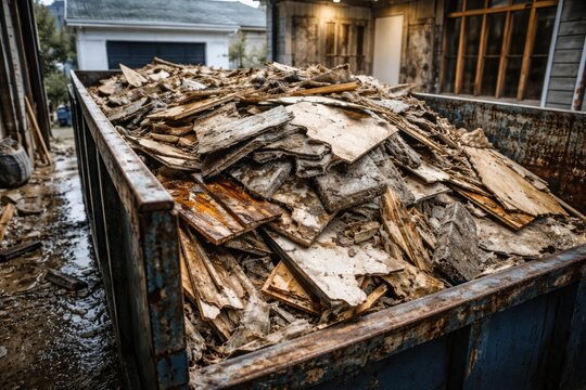 Cleanup phase after water damage featuring flooring and drywall debris in a large dumpster