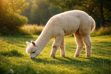 Fototapeta premium Content alpaca nibbling grass on a sunlit green lawn with a full length look