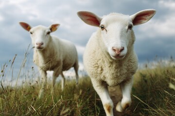 Naklejka premium Curious lambs standing in a grassy field with a cloudy sky backdrop