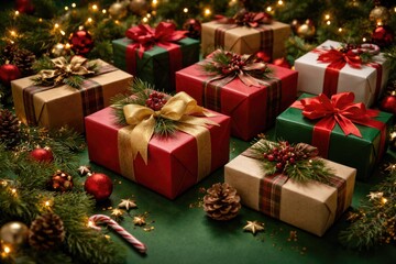 Fototapeta premium Christmas gift boxes showcased on a rich green surface ideal for secret Santa themes and winter event decorations