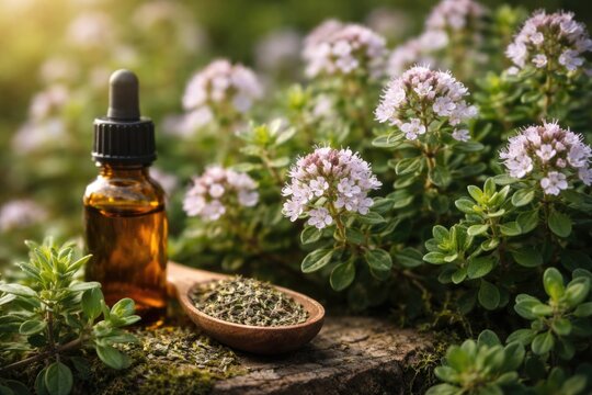 Floral close up of elfin thyme with focus on natural substance based healthcare