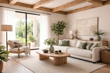 Fototapeta premium Bright Japandi living room design including fabric sofa, green decor, and visible wooden ceiling beams