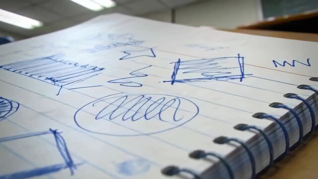Panning camera revealing spiral notebook page on wooden desk in classroom showing blue-ink doodles