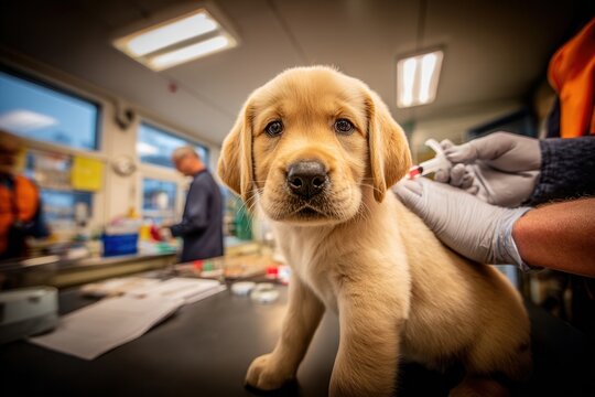 Puppy receiving vaccination at veterinary clinic for pet healthcare