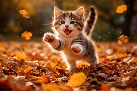 Joyful small cat pouncing on leaves during a warm afternoon