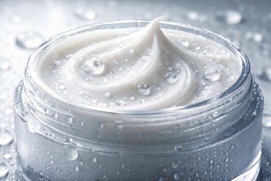 Detailed close-up of urea cream with water droplets emphasizing skin hydration effects