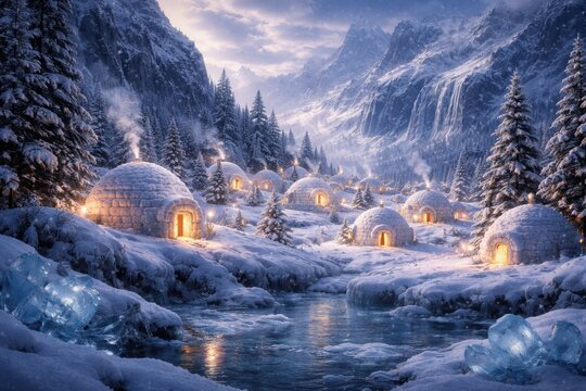 Artistic wallpaper with snowy igloo town and surrounding icy natural elements