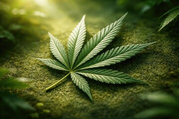 Fototapeta premium Green cannabis leaf resting on a lively green grainy backdrop with gentle light