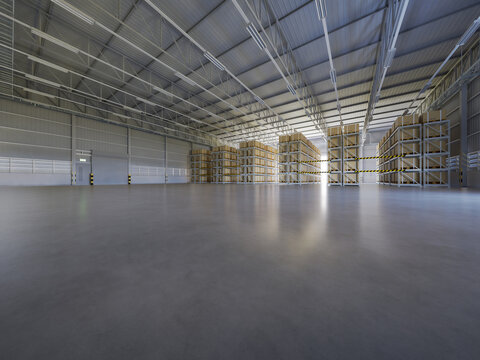 3D rendering of warehouse interior featuring arranged pallets and organized storage racks filled with merchandise. Clean concrete floor provides ample copy space for product display or branding.