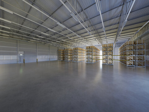 3D rendering of warehouse interior featuring arranged pallets and organized storage racks filled with merchandise. Clean concrete floor provides ample copy space for product display or branding.