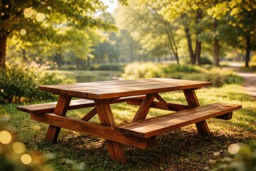 Naklejka premium Inviting wooden table surrounded by gentle bokeh effect in a peaceful park environment for marketing
