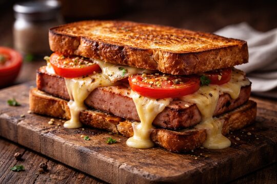 Freshly made Leberkase sandwich with melted cheese and tomato slices on toasted bread atop wooden serving board
