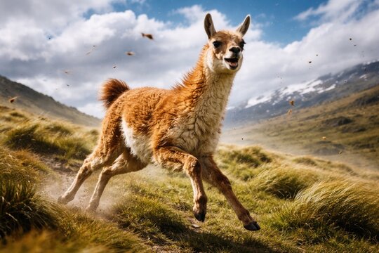 Delighted guanaco playing outdoors on a blustery day with vibrant energy