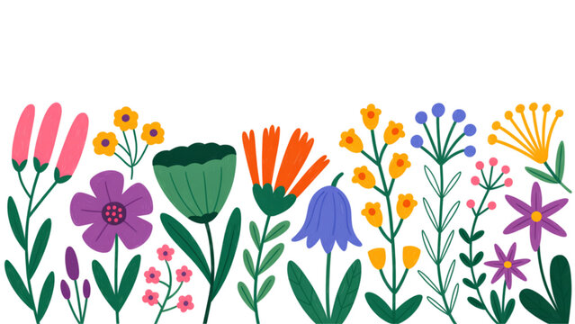 Colorful spring flowers with happy easter greeting text on top of tulips and daisies Vector