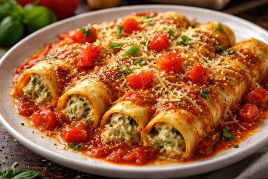 Full plate of cannelloni with grated yellow cheese, ripe tomato pieces, and cracked pepper