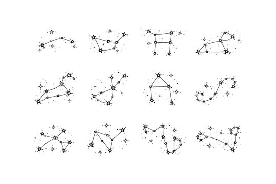 Collection of hand-drawn zodiac constellations and starry night sky elements