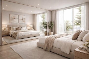 Fototapeta premium Bright modern sleeping area with large mirror reflecting soft tones