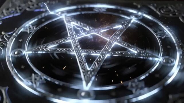 Striking bright electric arc charging ornate pentagram on dark rectangular cover, activating sigil