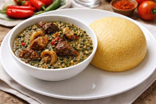 Elevated view of a Nigerian okra soup served with eba on a clean white plate