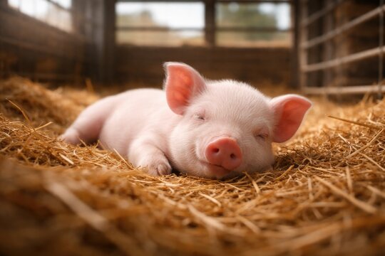 Cute piglet resting peacefully inside a well-maintained animal pen