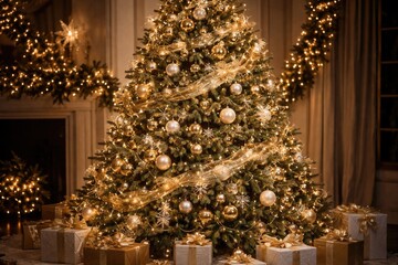 Fototapeta premium Elegant Christmas tree decorated with shiny ornaments and festive garlands