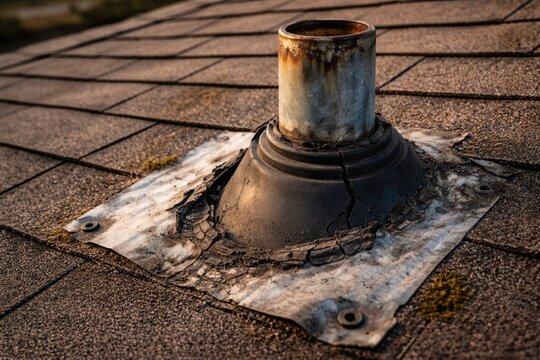 Close-up of vent pipe flashing wear indicating need for roof inspection and maintenance