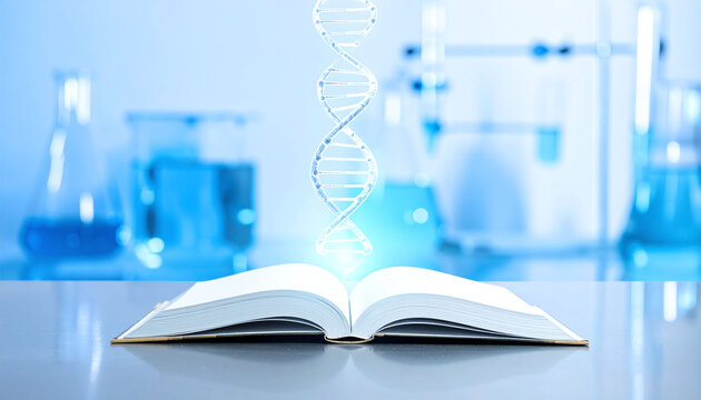 Glowing DNA helix emerges from an open book in a hightech blue laboratory. A powerful metaphor for genetic discovery, biotechnology, and the future of science and medical education.