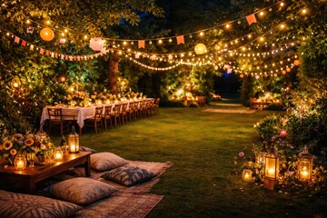 Fototapeta premium Garden party setup at night with vibrant festive decorations and space for copy