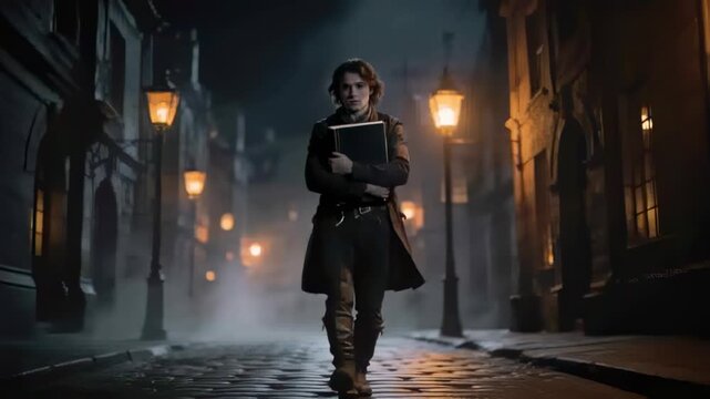 Starting man walking toward camera while pressing closed book on foggy cobblestone street, coat