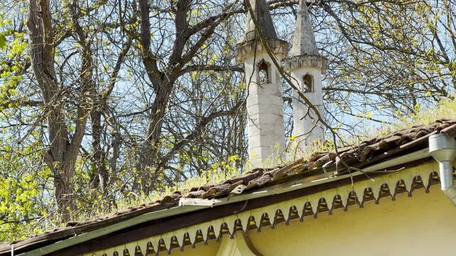 Two unique white chimneys rise behind an old roof covered in yellow wildflowers. This architectural scene brings a feeling of nostalgic charm and quiet history. Bright sunlight highlights the details.