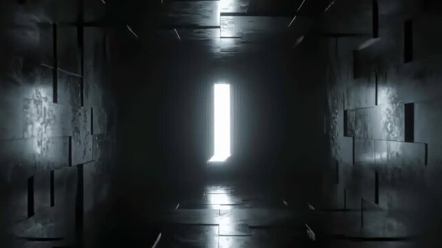 Frames starting floating L-shaped prism rotating in textured corridor, mirroring floor for depth