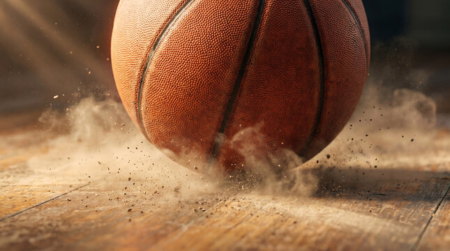 Close-up of a basketball mid-bounce on a wooden floor, creating a cloud of dust.